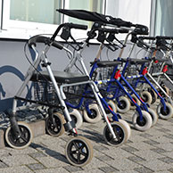 Walking frames and rollators in a line